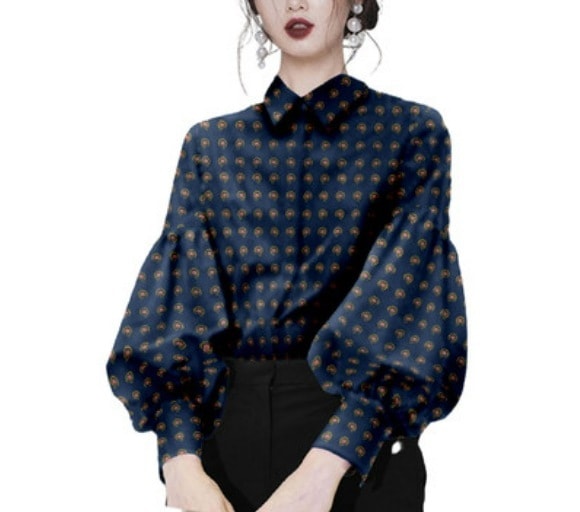 ブラウス 韓国 大きいサイズ トップス XL 2XL 長袖 ボリューム袖 柄 秋 冬 ランタンスリーブ 襟付き レトロ モード 大人可愛い オフィス カジュアル デート 女子会 旅行