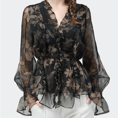 袖シアー フロントフリル＆ボタン フローラル フラワープリント トップス ブラウス 袖2タイプ ミディアム丈 長袖 キャンディスリーブ 五分袖 フリルカラー Vネック バックウエストゴム ペプラム 9,841円
