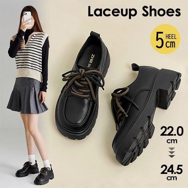 レースアップ シューズ トラックソール 厚底 黒 編み上げ ローファー 学生 スニーカー レディース おしゃれ 可愛い 春秋 フェイクレザー 合成皮革靴 Uチップ スクエアトゥ レトロ ファッション