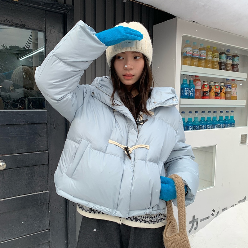 韓国風無地の甘いダウンジャケット（女性用ホーンボタン付き）冬用ダブルボタンホワイトダックダウンコート