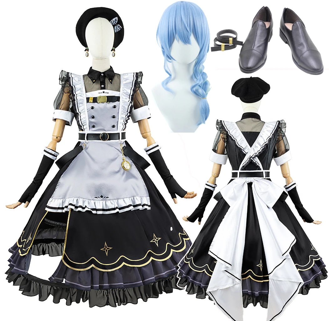 星街すいせい コスプレ VTuber バーチャルYouTuber メイド服 ウィッグ 靴 追加可能 コスプレ衣装 黒 ワンピース ショーパン セットアップ イベント パーティー 変装 仮装 耳飾り付き