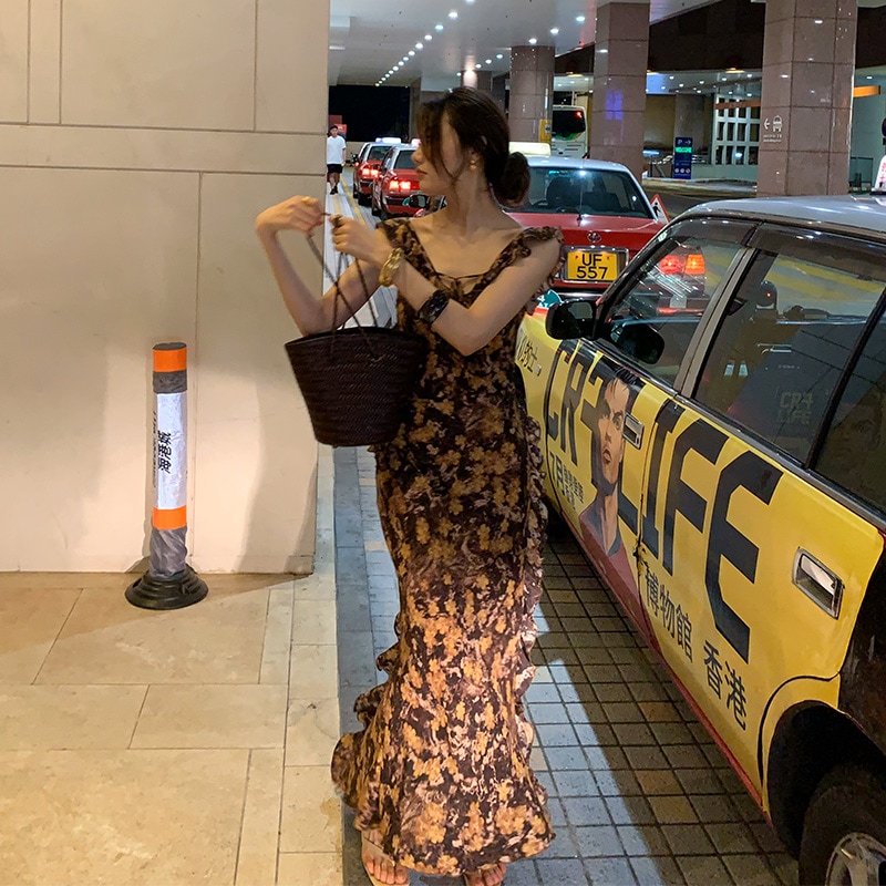 長いxierレトロフレンチフローラルスリング夏の女性のための長いドレス夏のニッチなシフォンフリルドレス