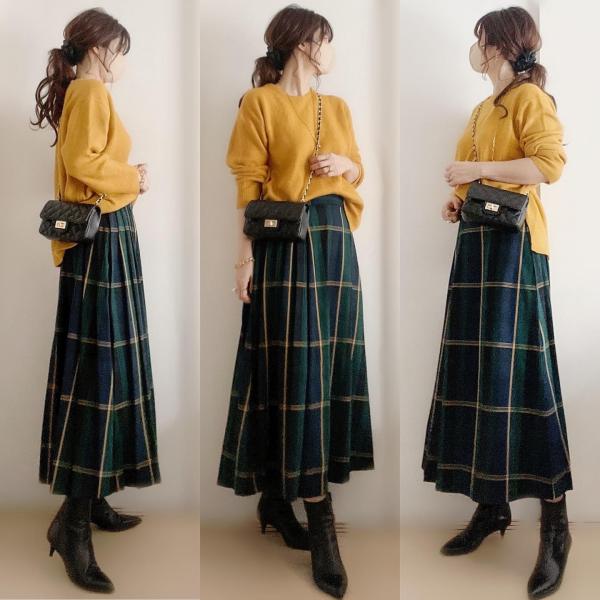 【楽天人気アイテム】 上品なシルエット シンプル 無地 長袖 ニット スカート チェック柄 2点セット