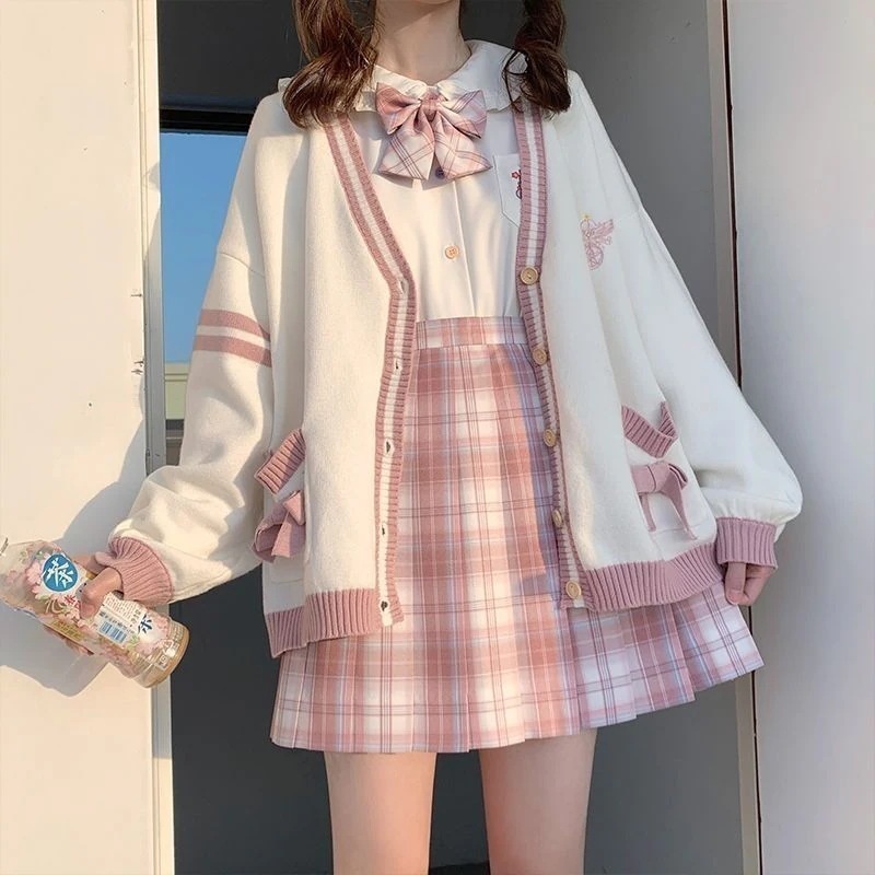 大人気！ 制服 カーディガン スカート スクールセーター春秋冬jkカレッジ風リボンニットカーディガン＋シャツプリーツスカート 女子高生 セットアップ