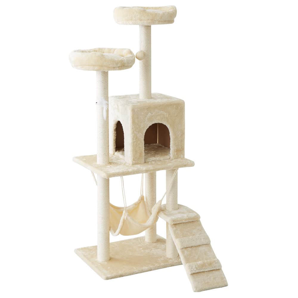 リコメン堂 キャットタワー 据え置き 爪とぎ 階段付き ハンモック 隠れ家 多頭飼い 高さ130cm ベージュ