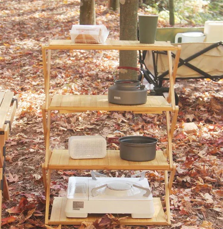 【急速出荷!】スタイル 多機能 自動運転ツアー 棚 竹材 置物棚 折りたたみ アウトドア