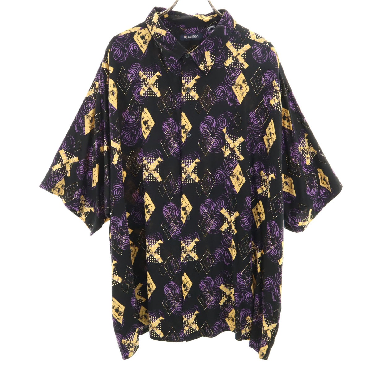 puritan ピューリタン 90s レーヨン オールド 総柄 半袖 シャツ 3XL 黒系 ビックサイズ メンズ 古着