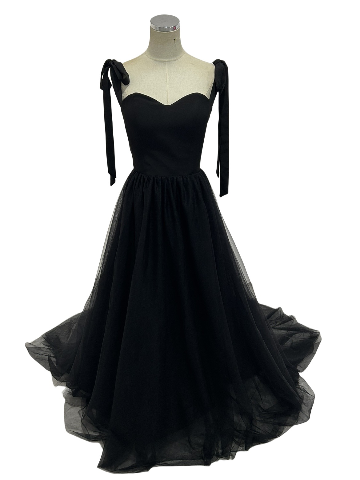 パーティードレス 前撮り ブラック 肩のリボン 二次会 柔らかく重ねたチュールスカート 可愛い