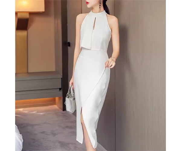 レディース ドレス ミモレ 袖なし ノースリーブ ホルターネック スタンドカラー タイト スリム 細身 背中開き スリット ファスナー ハイウエスト 大人可愛い きれいめ シンプル 上品 おしゃれ