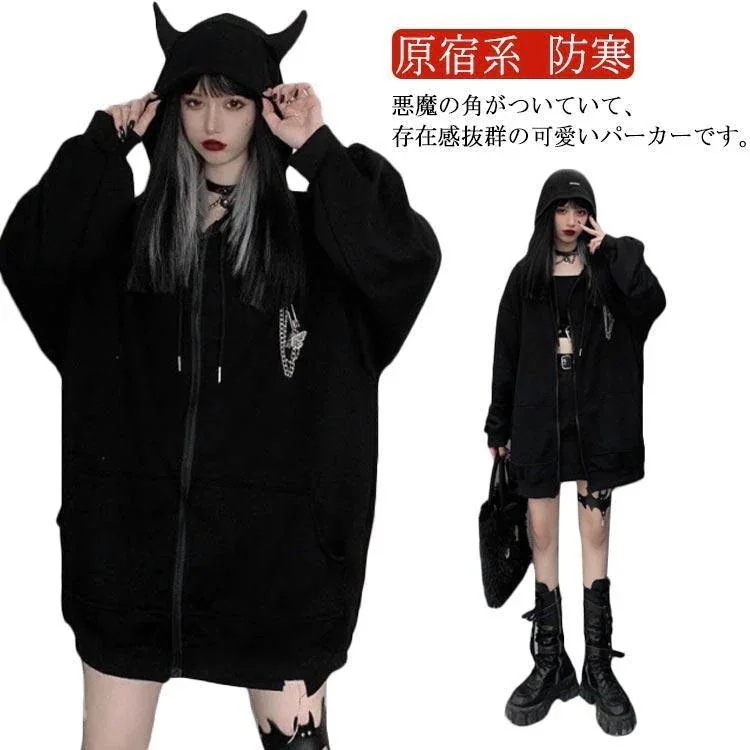 長 アウター かわいい [10月推奨/20%OFF]パーカー レディース フード付き 原宿系 クリスマス トップス ジップアップパーカー 小悪魔 ゆったり ゴシック風