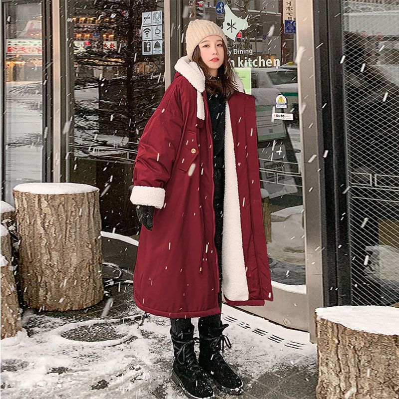 子羊の毛 コットン レディース 韓国版 冬セミロング 裏起毛 ゆったり ins冬アウター あたたまること