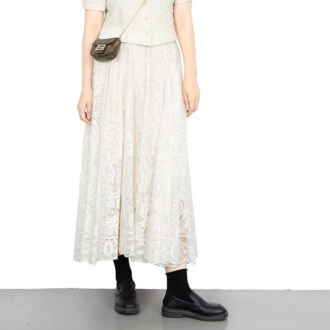 スカート ボトムス ミモレ丈 フレア チュール ドット 花柄 メッシュ 透け感 シアー シースルー フェアリー モード ハイウエスト 裏地付き ワイド ゆったり ストレッチ 韓国 かわいい 可愛い l