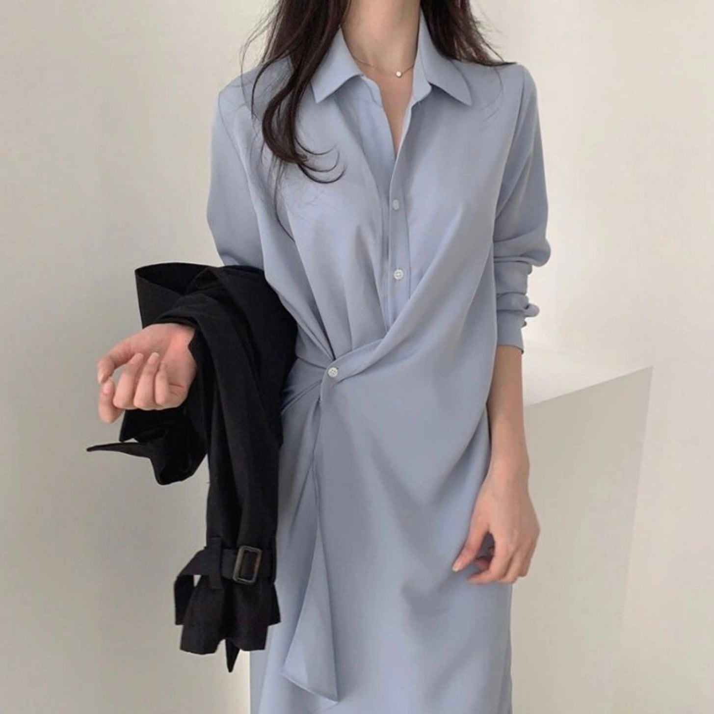 ワンピース シャツワンピース ロング丈 袖あり 長袖 襟付き ルーズ ポロカラー 前開き ポリエステル 薄手 大人可愛い きれいめ シンプル カジュアル 大人 上品 お洒落 かっこいい レトロ