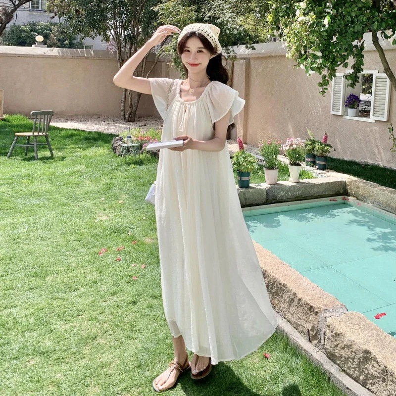 2025 年新作 女性用ワンピース ホームウェア 夏用 小袖（ショートスリーブ）ワンピース パジャマ 韓系 ソフト風 寛丈（かんじょう）デザイン ボディカバー効果抜群 チャーミング 若返り効果水着