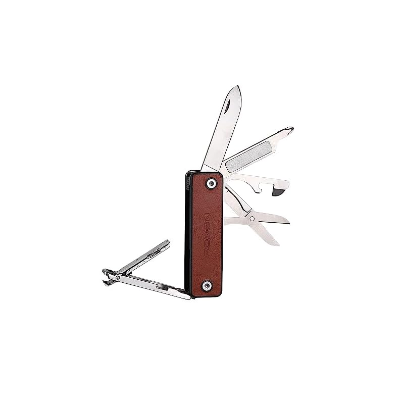 ROXON M4 10-in-1 持ち手にレザーを使用したポータブル爪切り多機能ツールセーフティロック付きのポケットナイフという実用的なツールはさみ爪やすり栓抜きドライバー等の機能を備えたパ