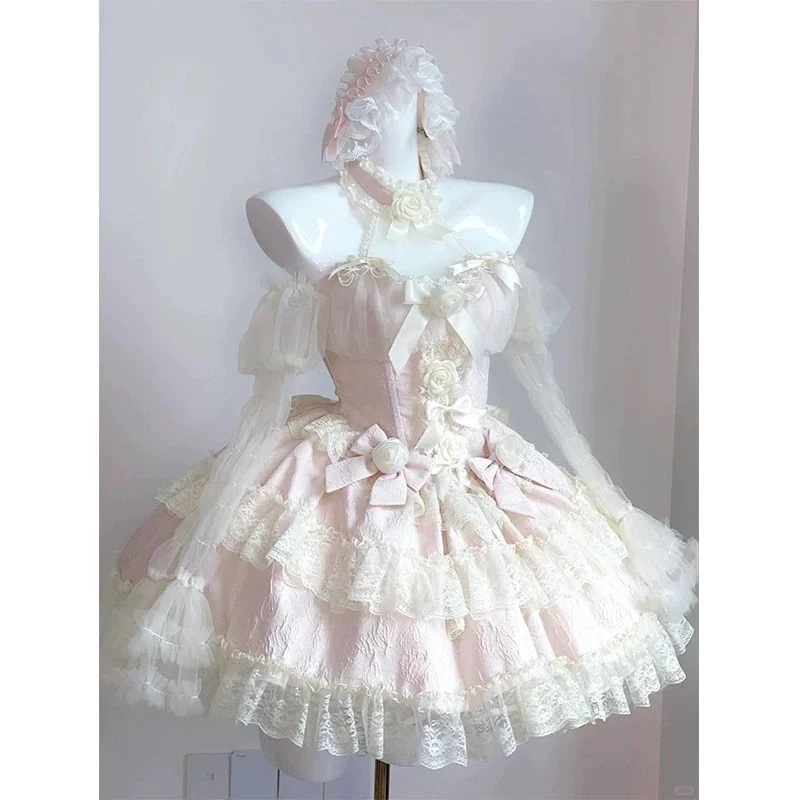 ピンクのロマンチックガールハート雰囲気純粋な欲望レースボウプリンセスロリータロリータスカートサマー