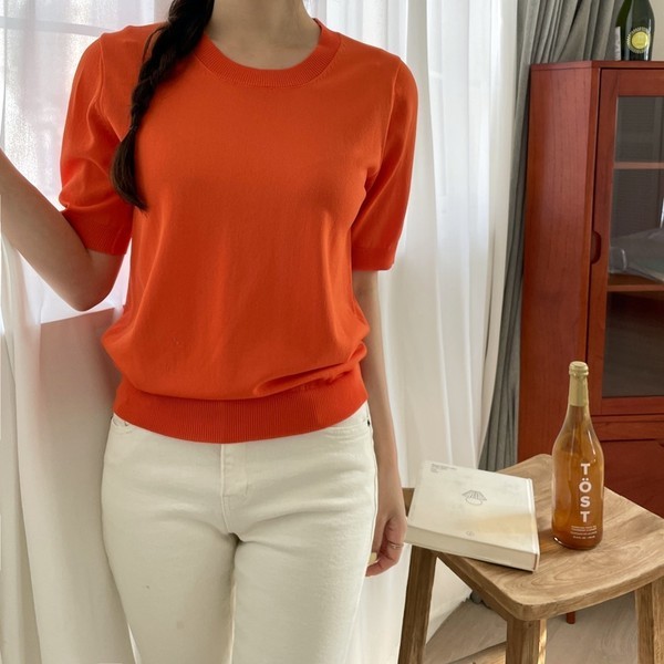 女子 夏 無地 ラウンド ニット Tシャツ フィットが きれいな サマー 楽な インナーTシャツ
