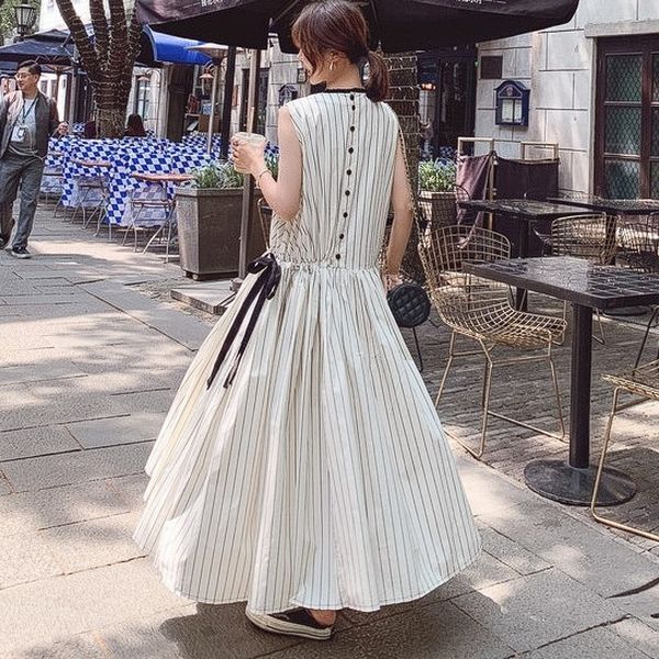 ワンピース レディース フレア ロング丈 S M L XL 韓国 マキシ ノースリーブ Aライン ウエストマーク リボン かわいい 大人可愛い きれいめ シンプル カジュアル 大人 お洒落 おしゃれ