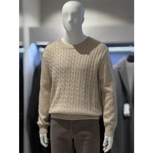 ベージュ ケーブル ラウンドネック ベーシックフィット カジュアル ビジネス ニット Tシャツ
