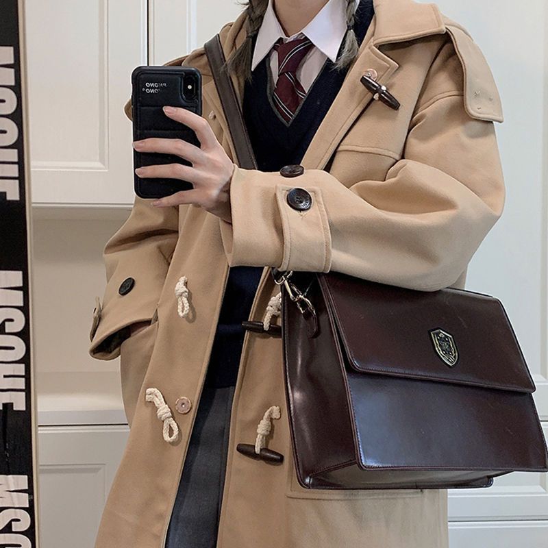 jk秋冬ミドル丈ホーンボタンコート日本製カレッジ風綿厚手フード付きウールコート【10日間