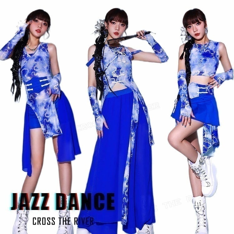 【即納】中華風 3タイプ ダンス衣装 セットアップ レディース 衣装 大人 へそ出し トップス スカート ワンピース 青 グローブ ダンスセット ジャズダンス 韓国 アイドル 衣装 演出着 DJ Hi