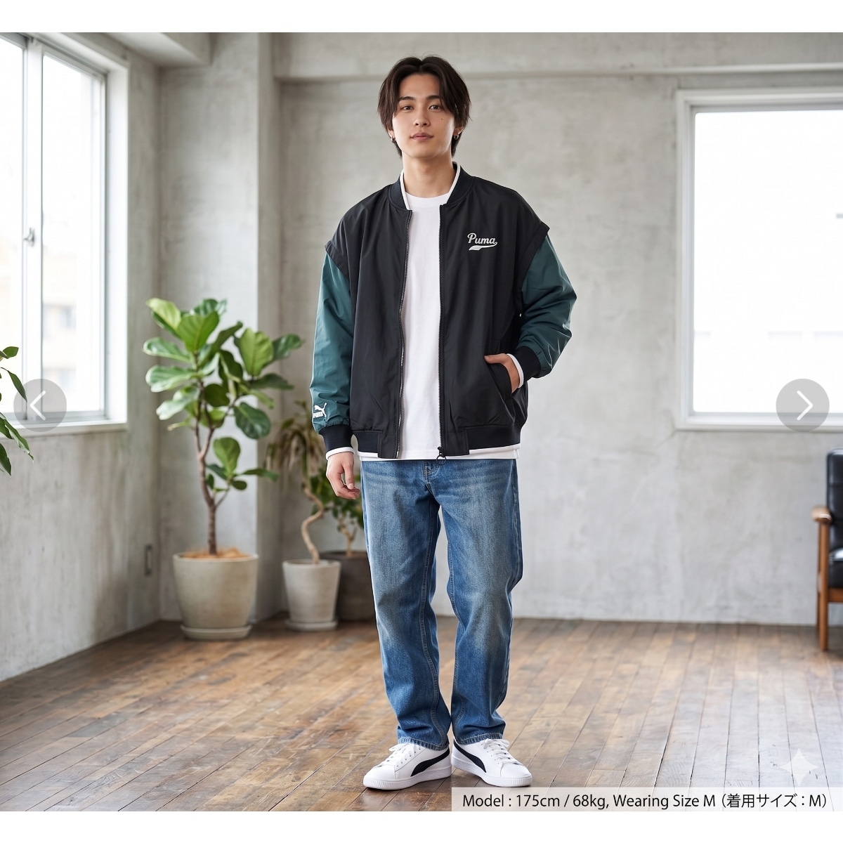 PUMA TEAM レターマンジャケット レディース Mサイズ スタジャン ブルゾン ブラック グリーン プーマ