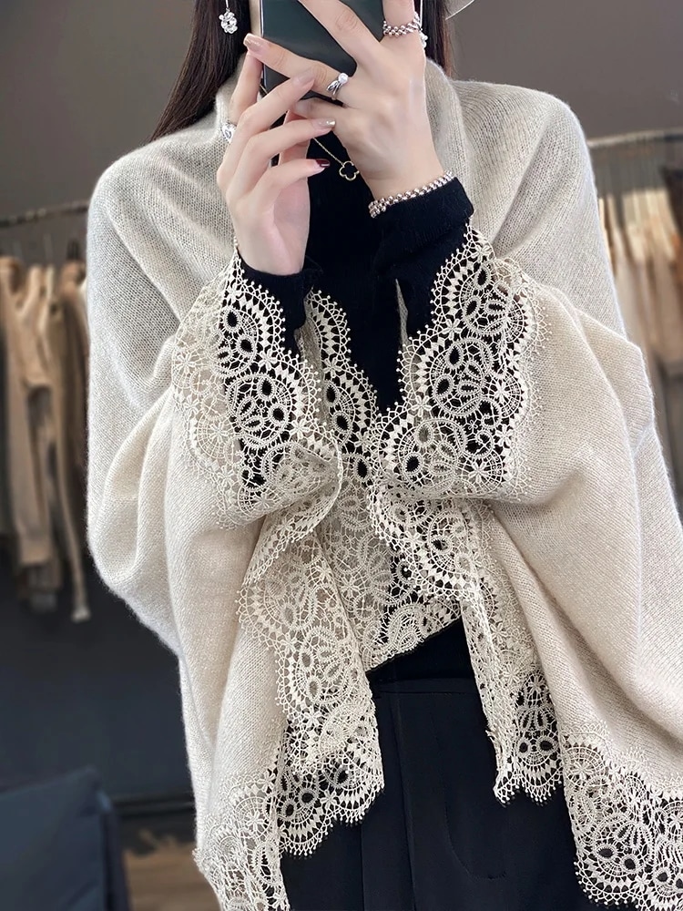 女性用長袖ルーズセーター,カシミヤショール,メリノウール100%,ニットウェア,トップス,カーディガン,秋,春,新品 - 200000345