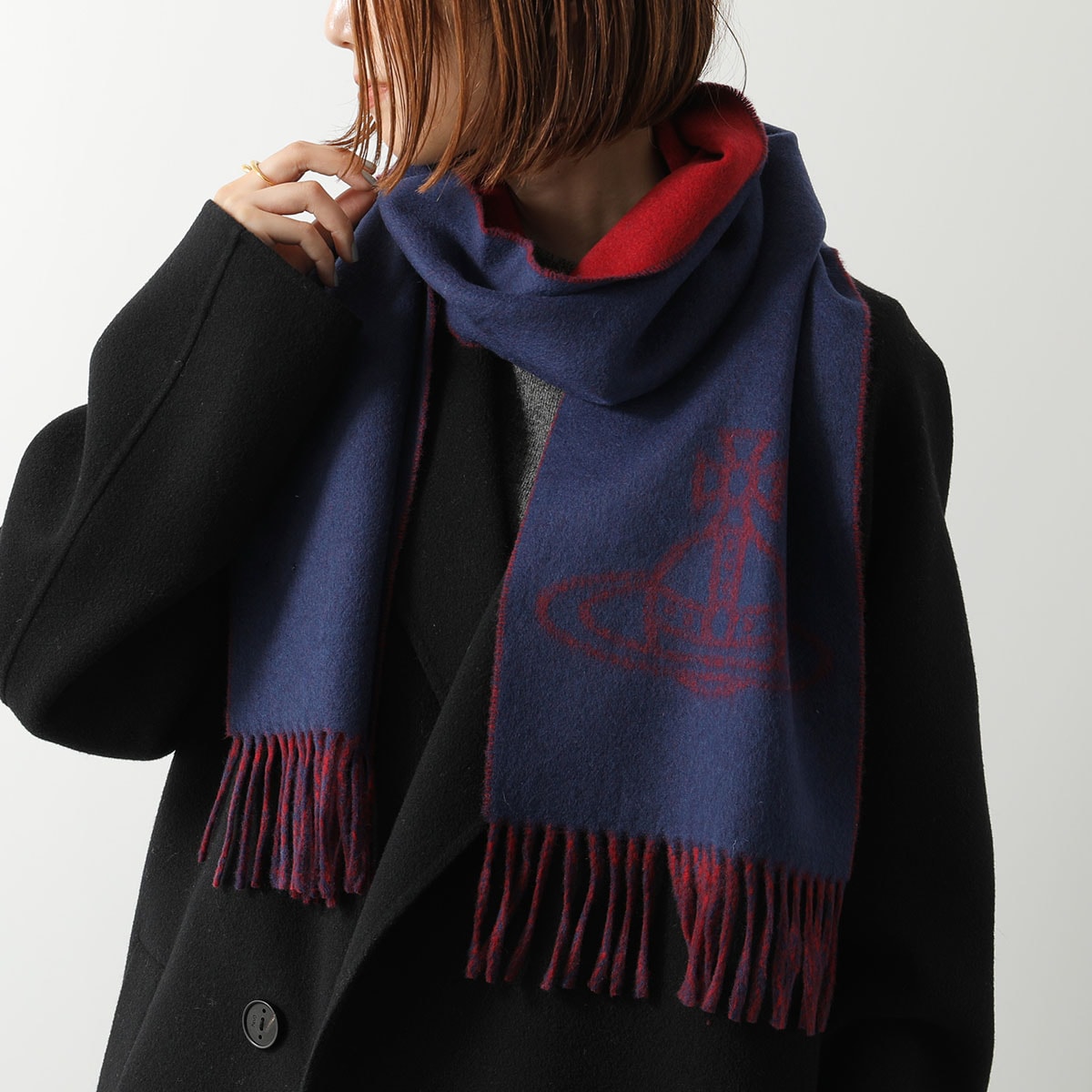Vivienne Westwood ヴィヴィアンウエストウッド マフラー 81030006 W00ZH レディース リバーシブル オーブ フリンジ ウール K408/INDIGO-BLUE