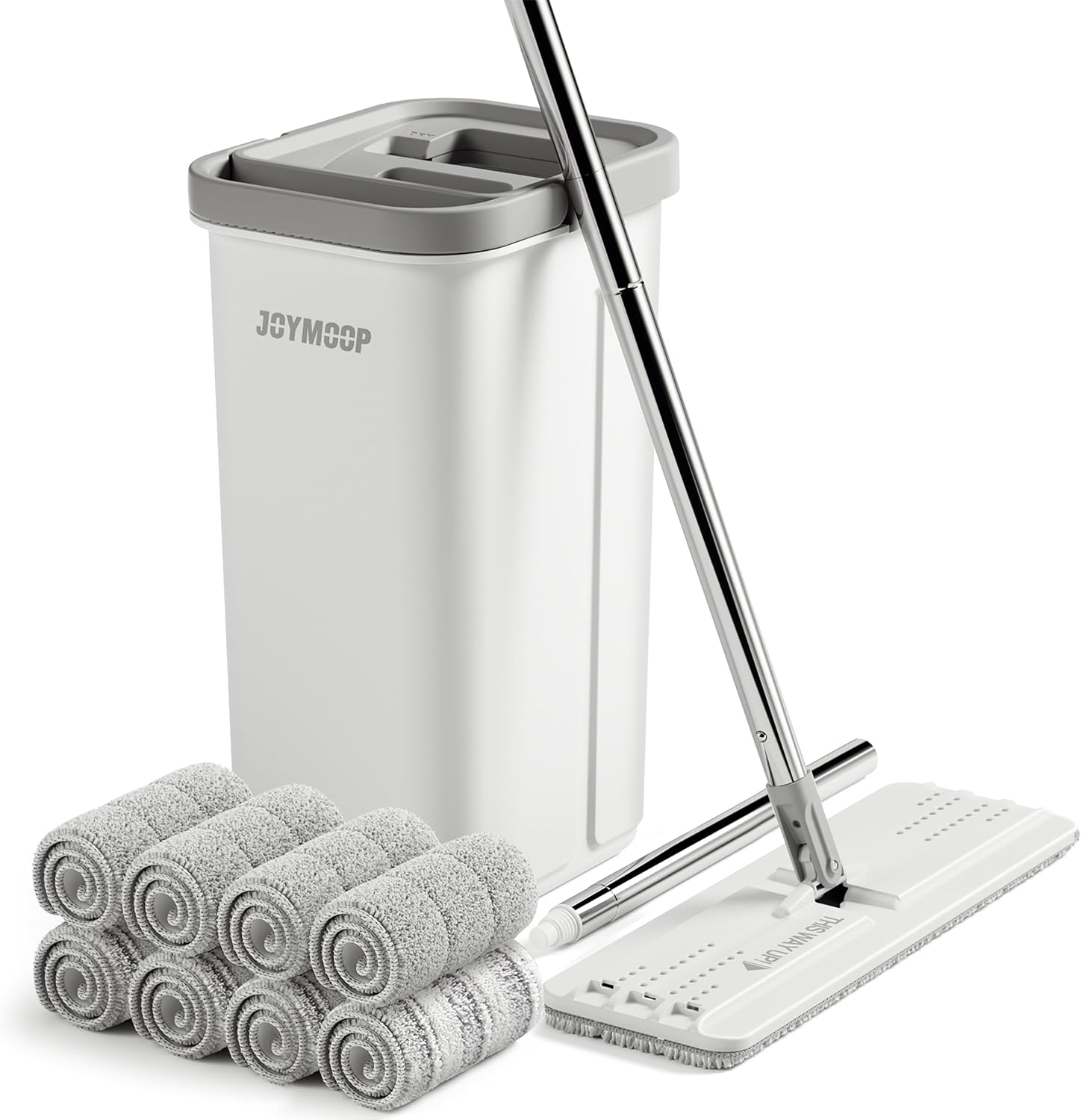 モップとバケツセット ハンズフリー 155cm長柄付きモップ 拭き掃除 フラットフロア用 フローリング 床拭き対応 水拭き対応 絞り器付きフロアワイパー 洗えるマイクロファイバーパッド8枚付 乾湿両用