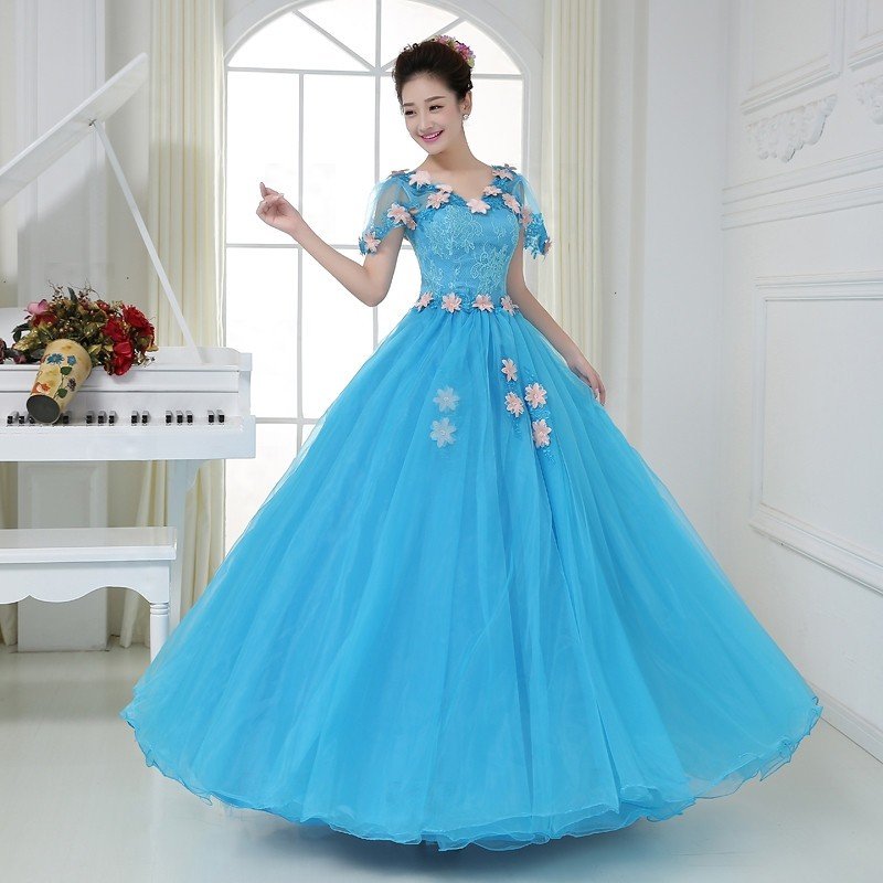 高品質 カラードレス パニエ付き ウエディングドレス ロングドレス パーティードレス 豪華 花嫁 礼服 結婚式 披露宴 謝恩会 二次会ドレス ブルー 6,461円