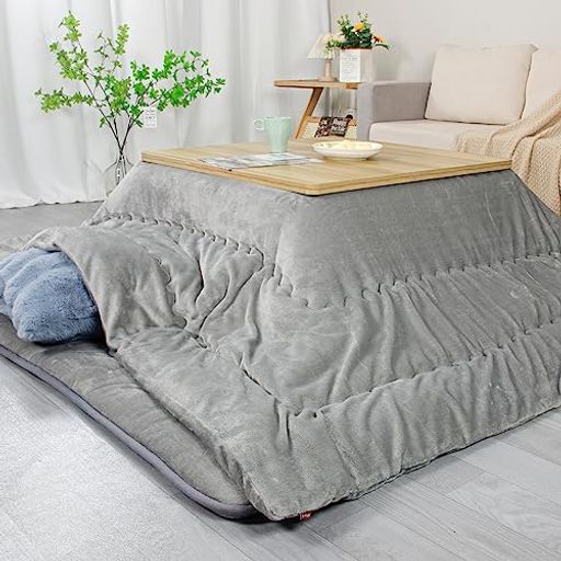 JEMAジェマ こたつ布団 こたつ厚掛け布団 掛け布団単品 吸湿発熱 中空綿 ふわふわ感触フランネル生地 無地 約185X185CM 正方形 洗える グレー