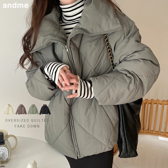 【宅配便B】【】中綿 ダウン フェイクダウン ジャケット レディース アウター ブルゾン オーバーサイズ ショート丈 ダイヤ キルティング ハイネック ドローコード 2way サイドポケット 防寒 暖 5,414円