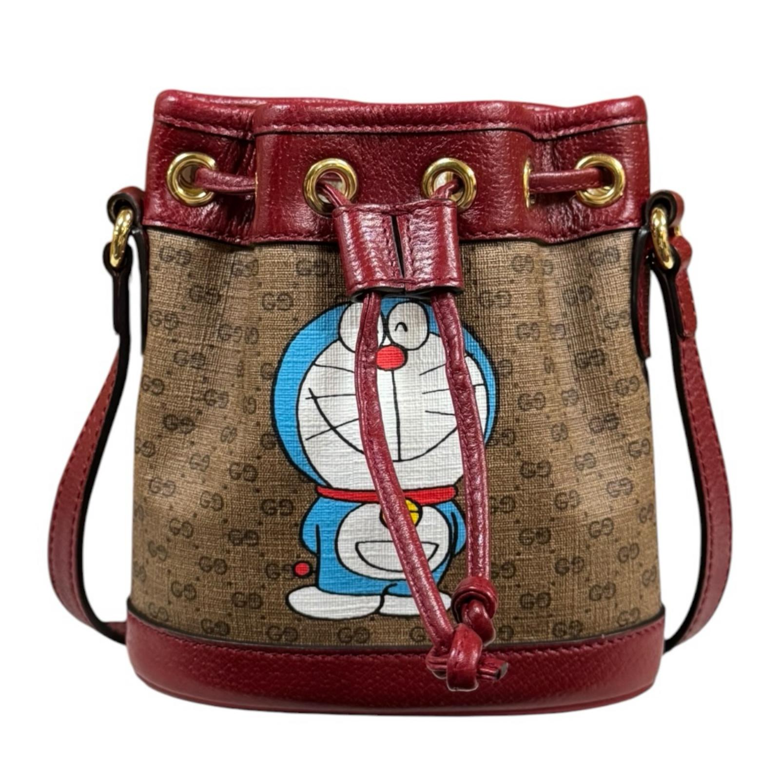 グッチ ドラえもんコラボ ミニバゲットバッグ マイクロGGスプリーム ショルダーバッグ PVC 647801 ブラウン GUCCI 中古 美品