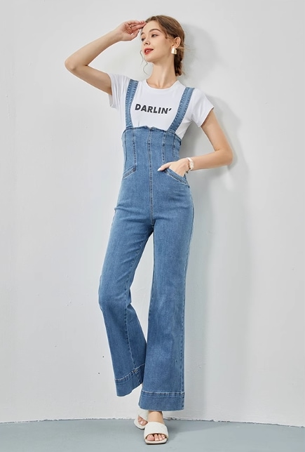 ウエストタック サロペット ダークデニム オールインワン ストリート 無地 ロング パーティースタイル ホームパーティーアイテム デニム オフィススタイル エレガントスタイル カジュアルスタイル