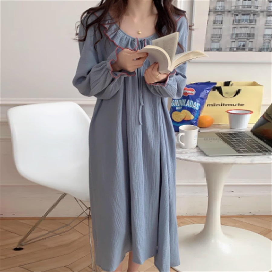 ワンピース ルームウェア ナイトウェア パジャマ 上下セット 2点セット スカート ロング ロング丈 マキシ マキシ丈 袖あり 長袖 ラウンドネック Aライン フリル フレア バイカラー