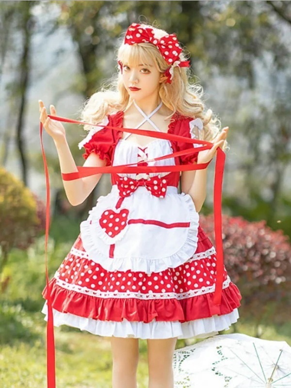 【全店任意2枚購入で100円OFF】甘いロリータOPドレスネバーランドフリルブルゴーニュツートーン半袖メイドロリータワンピースドレス