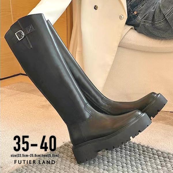 ロングブーツ ラウンド 厚底 ブラック おしゃれ トレンド 上品 カジュアル / ラウンドトゥ厚底ロングブーツ