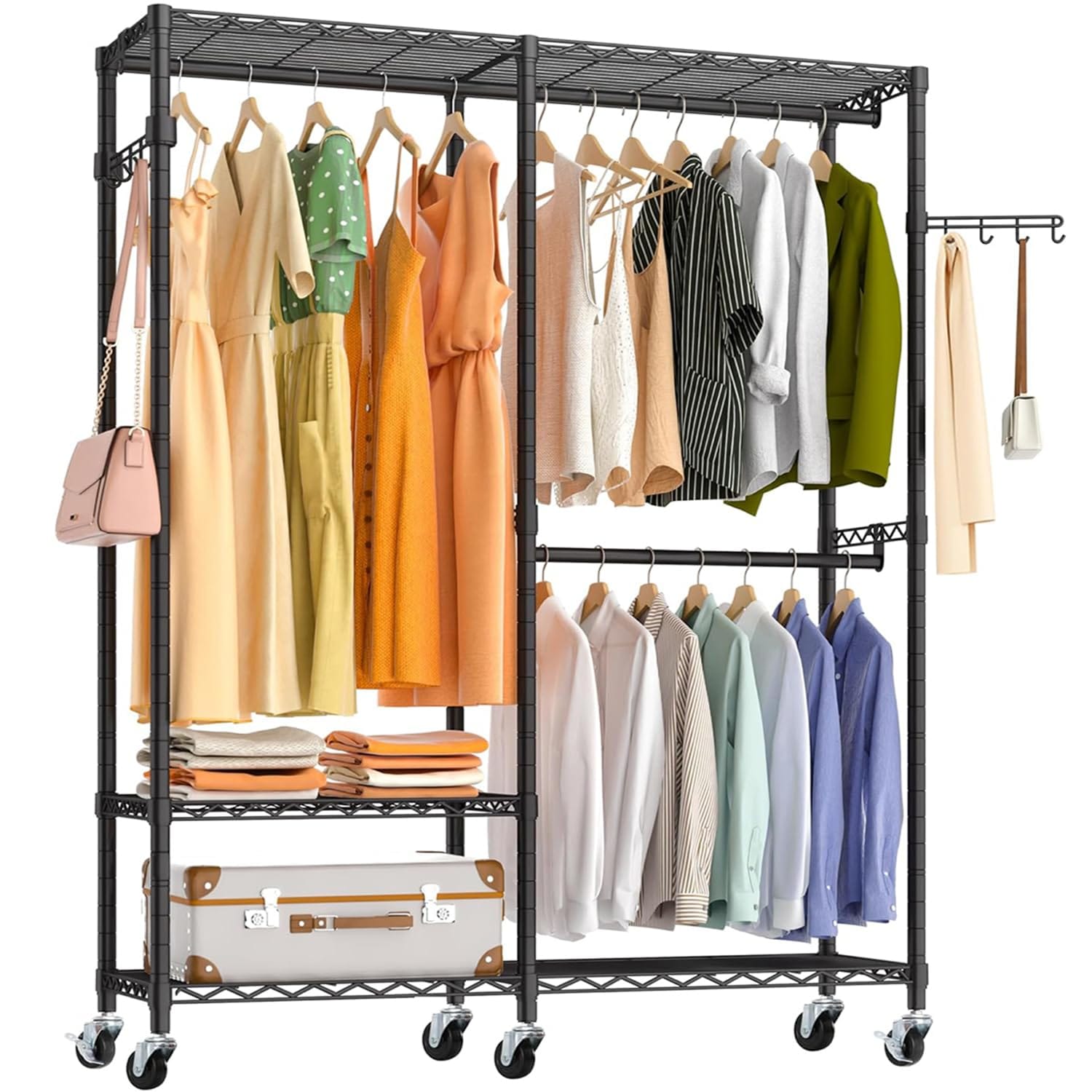 AZAKBLハンガーラック 頑丈 洋服ラック 大容量 キャスター付き クローゼット ワードローブ ハンガーラック２段 洋服掛け 防サビ加工 組み立て簡単 高さ調節 省スペース おしゃれ ハンガーかけ