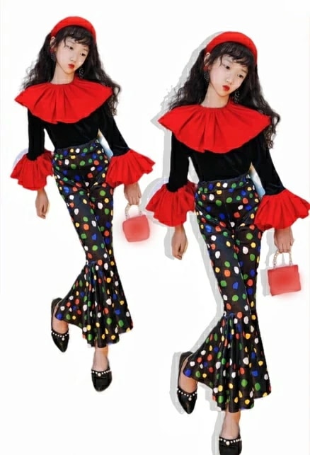 応援団 ランス風 110-160cm 演出服 jazz キッズ 演出服 フレアパンツ 上下セットアップ 長袖 練習着 レトロダンスセット イベント 時代感 チアダンス ガールズ 舞台衣装 hippop