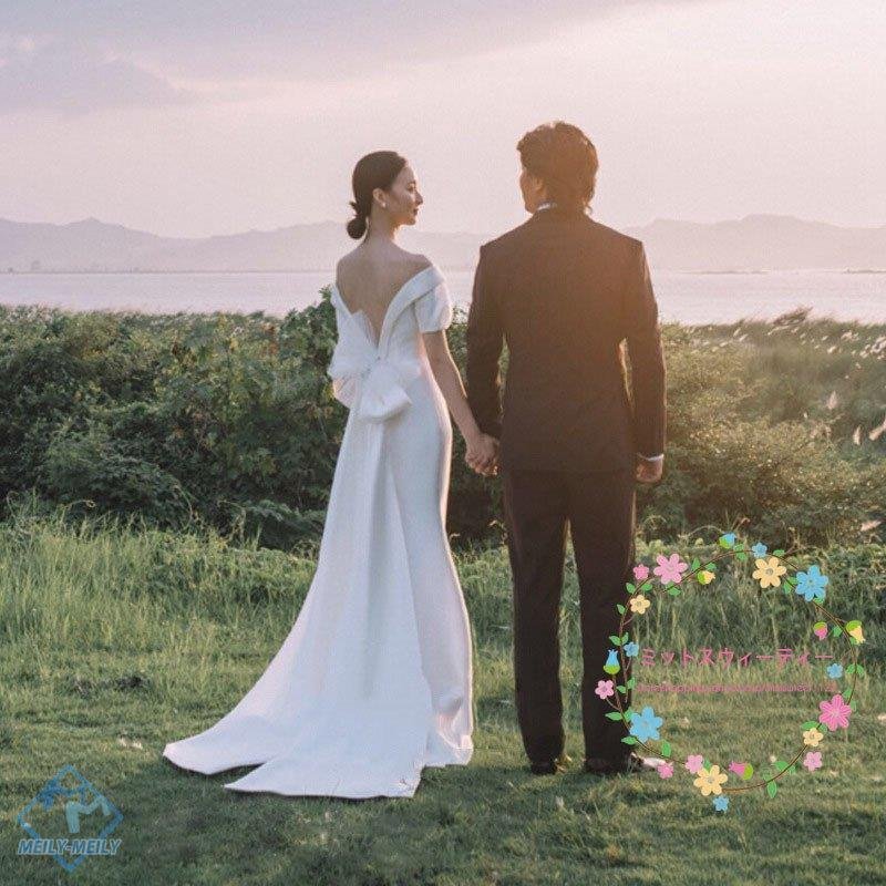 ウェディングドレス 結婚式 披露宴 二次会 前撮り パーティー サテン 袖あり ロングドレス オープ
