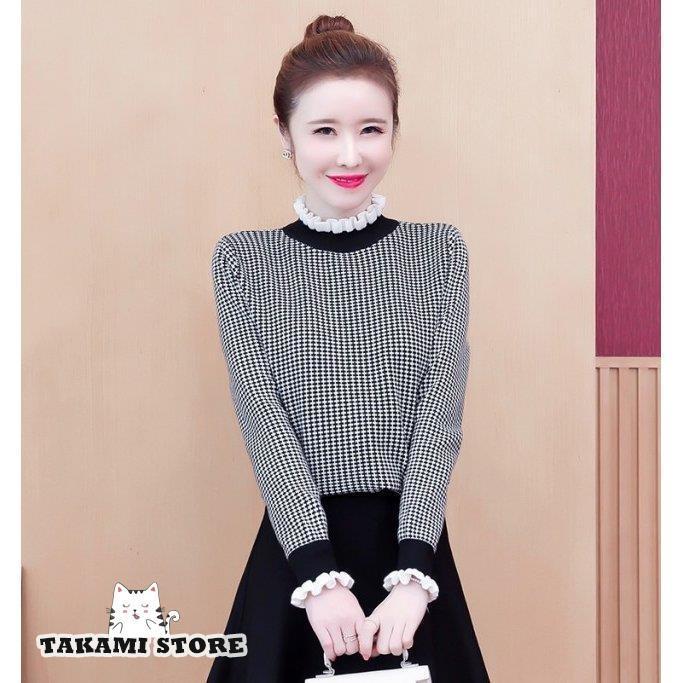 フリルネック チェック柄 トップス ニット レディース 長袖 フリル袖 通勤服 オフィス 大きいサイズ スタンドカラー ハイネック 5,068円