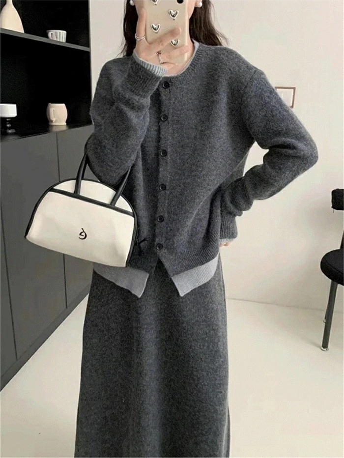 ニットセットアップ ニット セットアップ レディース 秋冬 2点セット セーター ニットセーター カットソー カーディガン レイヤード風 長袖 無地 クルーネック 丸首 スカート ウエストゴム ロング 5,093円