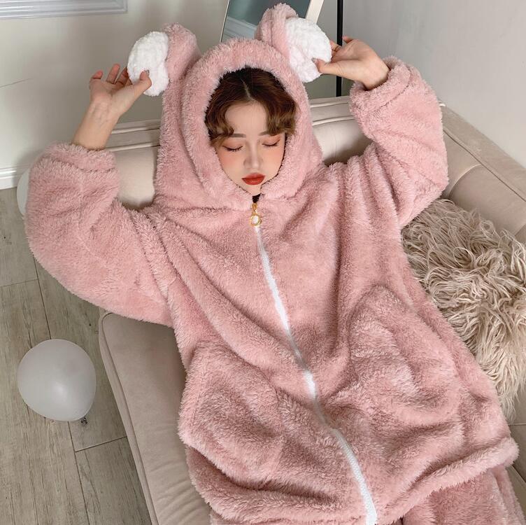 【本日限定】冬 もこもこ パジャマ ルームウェア クマ 上下セット　長袖　ふわふわ フード付き　部屋着 冬　暖かい　セットアップ　動物　秋冬　レディース　寝巻き　ナイトウエア 寝間着　ピンク