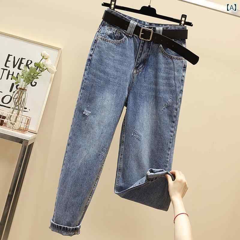 デニムパンツ レディース ダメージ ジーンズ クラッシュ ボトムス 大きめサイズ 春夏 ハイウエスト ワイド ストレート ブルー