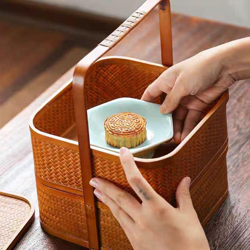 竹編み カゴ 　収納ボックス カゴ ハンドメイド　茶器 茶具 竹籠 バスケット お出かけ用 バッグ 高級 2段式
