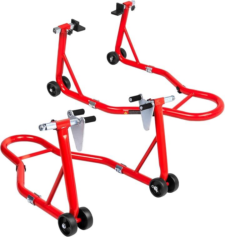 バイクスタンド メンテナンススタンド フロント＆リア 整備用 耐荷重385kg 850LBS(レッド)