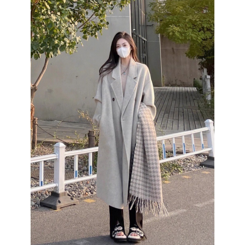 オフシーズンウールコートレディース2025年秋冬新作ミドル丈膝丈オートミールカラー韓国風高級ウールコート