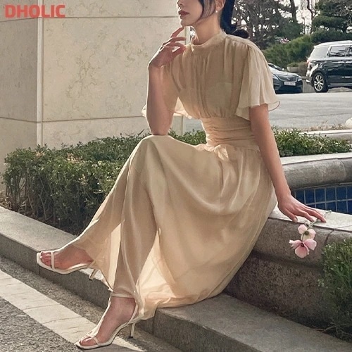 [メガ割りSALE]シャーリングモックネックシフォンフレアワンピース