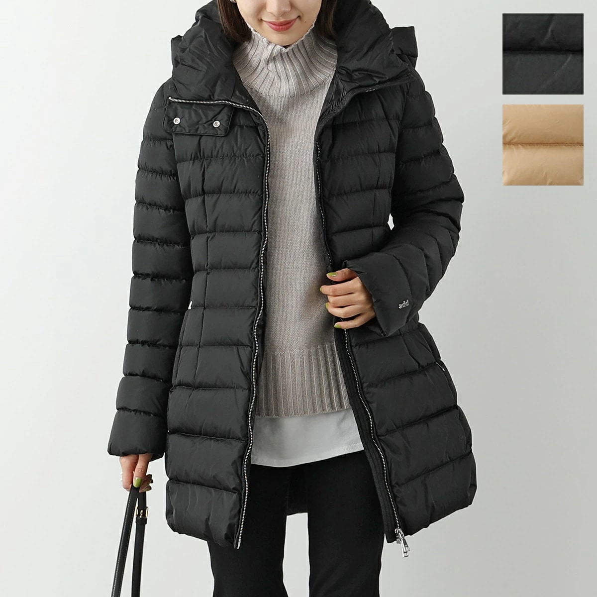 add エーディーディー ダウンコート 6AW002 レディース ナイロン フード付き メタルロゴ スタンドネック ハイネック カラー2色