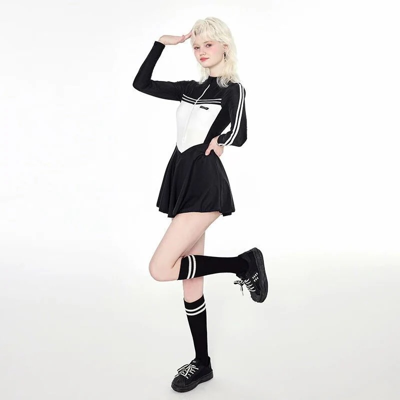 高級感水着女連体控えめ長袖日焼け止めぽっちゃり女子遮肉温泉水着白黒連体長袖水着【35-60 kg】